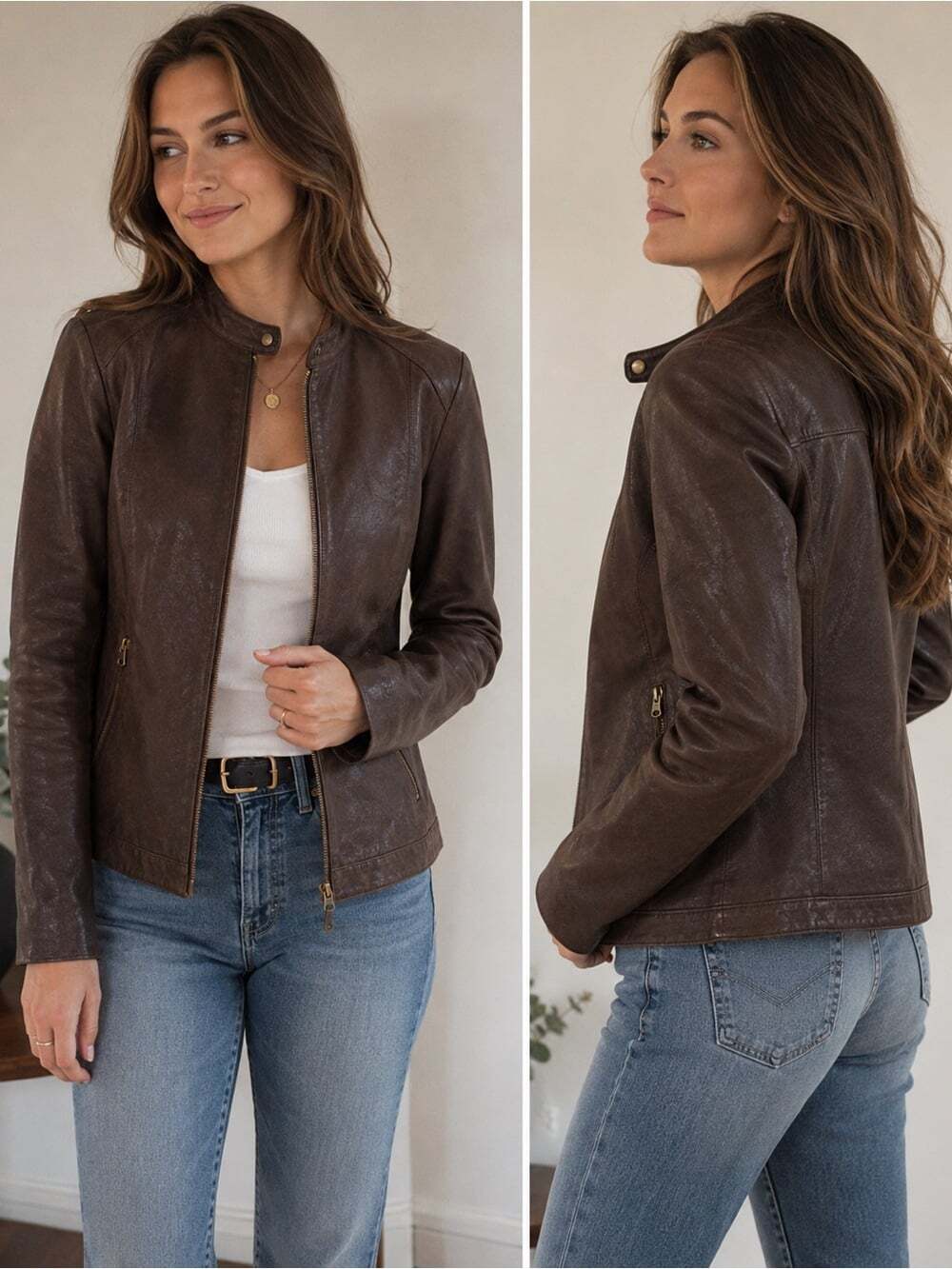 Moto Minimalist Genuine Leather Suede Cafe Racer Jacket Brown M